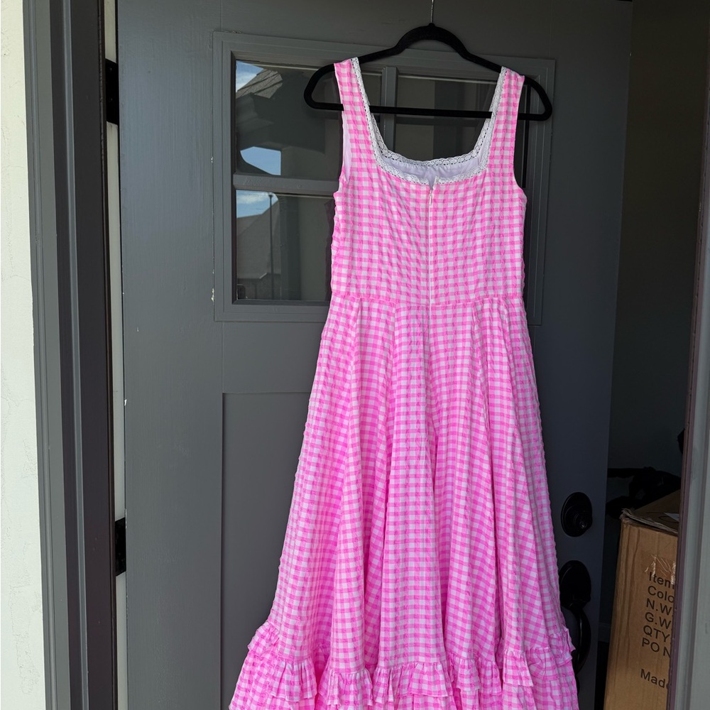 JessaKae Pink and White Tiered Ruffled Midi Dress